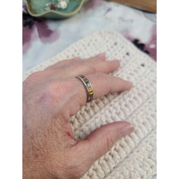Sterling Silver Opal Inlay Band Ring 925 Size 6.5 Rainbow Mosaic Stackable Boho - Picture 5 of 6
